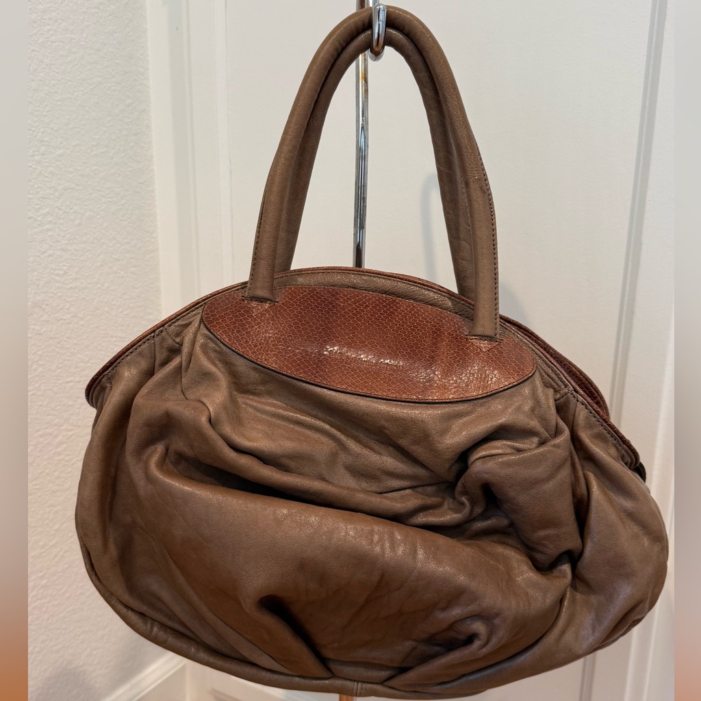 Soft Brown Leather Hobo Handbag With Textured Trim